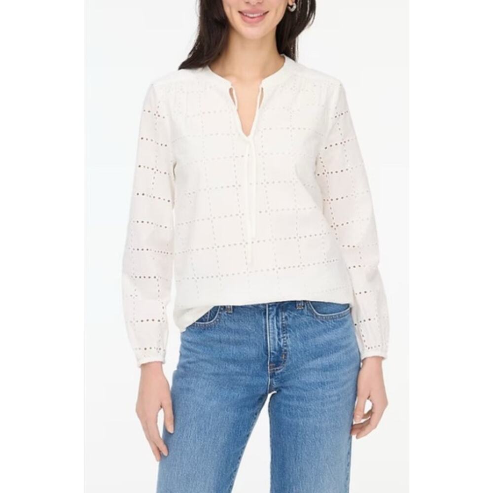 J.Crew Long-Sleeve Eyelet Tie-Neck Top Womens XS White Cotton Lightweight Lined